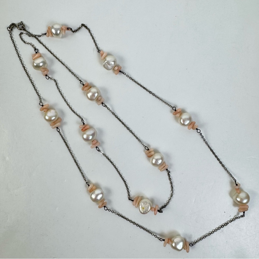 Sterling Silver Freshwater Pearl Angel Skin Coral Long Layering Necklace